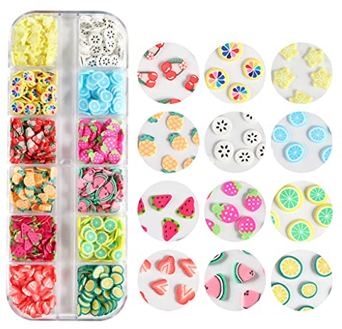 Yushu - 12 farbige Obst-Ton-Mischung, UV-Epoxidharz-Formfüller, Nagelkunst-Dekoration, weiche Polymer-Ton-Scheiben, Mini-3D-Obstscheiben, für Schleim-Handwerk