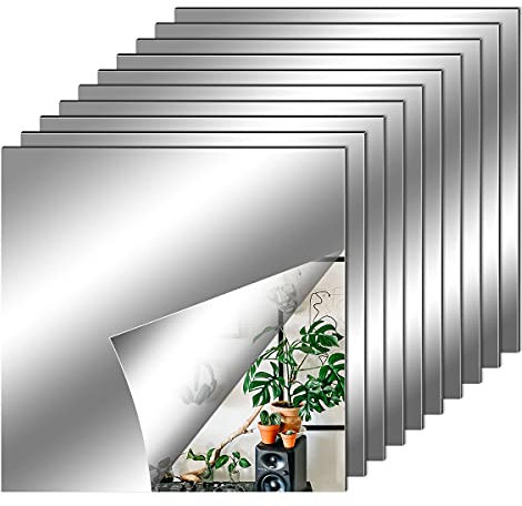 10 Pezzi Adesivi da Parete a Specchio, Specchio Flessibile Adesivo, fogli in materiale morbido Non Vetro Specchio Piastrelle Parete appiccicoso Specchio per Decorazioni Murali Casa (15 x 15 cm)