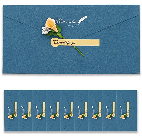 BITEYI 10 Stück Vintage Kraftpapier Umschläge mit Grußkarten Handgefertigte Getrocknete Blumen und Aufkleber,für Geburtstags Hochzeits Weihnachtens Party Einladungen Postkarten(Blau)