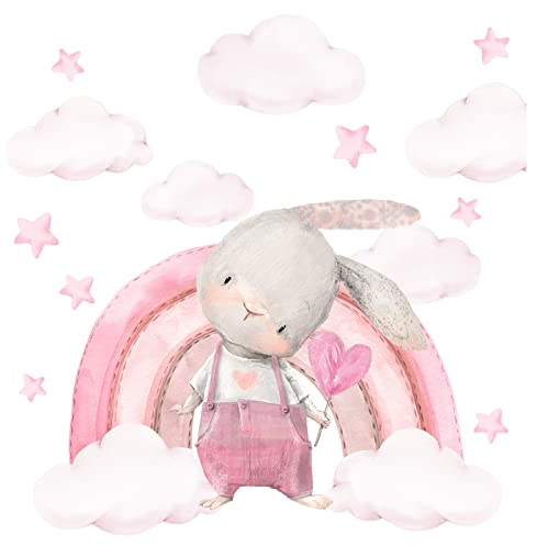 Little Deco Wandsticker rosa Regenbogen und Hase Wandtattoo für Kinderzimmer Baby Wandaufkleber Wanddeko DL826-2