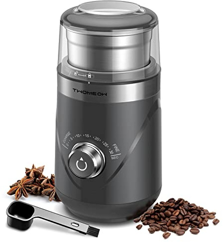 TWOMEOW Coffee Grinder, Adjustable Electric Spice Grinder with Stainless Steel Blade and Removable Grinding Cup for Coffee Beans, Nuts, Spices, Grains, 80g, Grey