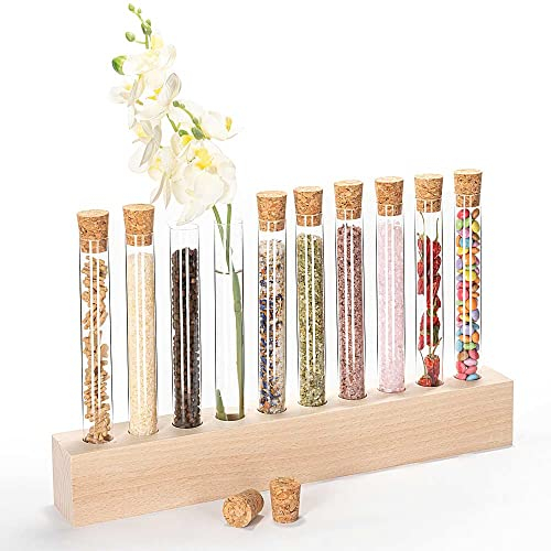 Tuuters Gewürzständer, Gewürzregal aus Holz mit Reagenzgläser und Korken 190x340mm, transparent/braun (10-Loch)