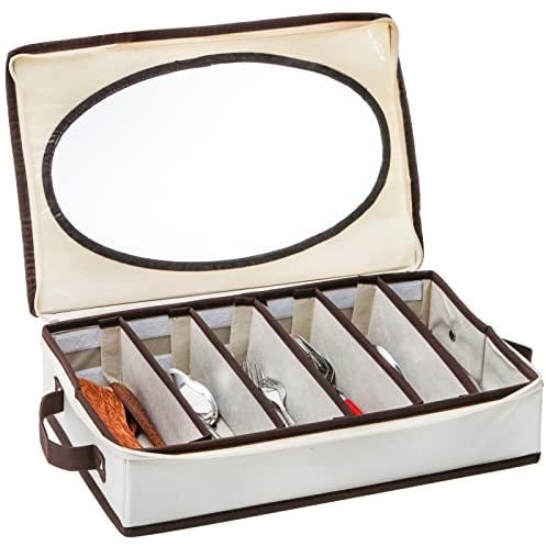 Hiceeden 6 Compartment Silverware Organizer with Zipper Lid, 16.5×10.6×3.5 Flatware Storage Box with Adjustable Dividers and Handles, Portable Cutlery Holder Utensil Case for Spoon, Fork, Knife