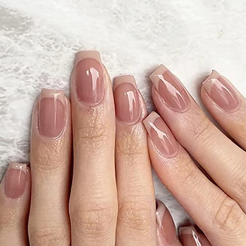 24 Pcs Short French Tip False Nails, Pink Nude Gradient Translucent Press on Nails with Designs, Square Stick on Nails for Women, Acrylic Fake Nails with Adhesive Tabs for Women Girls
