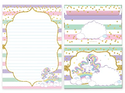 Briefpapier-Set Briefblock mit Umschlag für Mädchen Kindermotiv Einhorn Regenbogen (Block A5 mit 25 Blätter + 15 Umschläge)