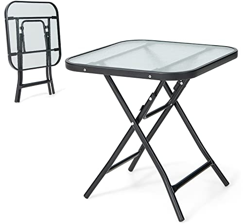 GOPLUS Beistelltisch Garten, 46,5 x 46,5 cm Gartentisch klappbar aus Metall und gehärtetem Glas, Balkontisch klein wetterfest, Bistrotisch Kaffeetisch, Esstisch Outdoor für Balkon Garten Terrasse