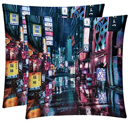 Packung mit 2 dekorativen Kissenbezügen, 20 x 20 cm, für Sofa, Bauernhaus, Heimdekoration,Straßennacht in Tokio
