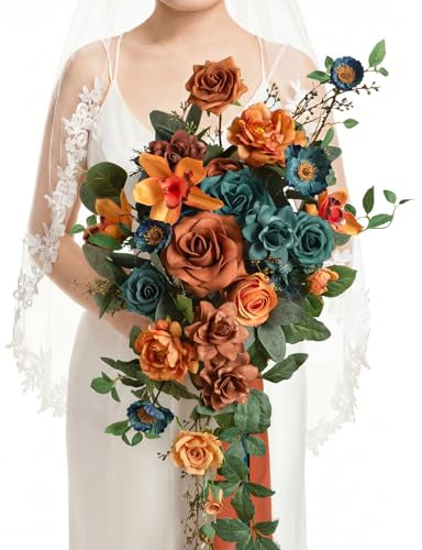 Ling's moment Teal Brautstrauß Kaskadierend, gebrannte orange Hochzeitssträuße für die Braut, 13 Zoll Terrakotta Rost Herbst Künstlicher Hochzeitsblumenstrauß