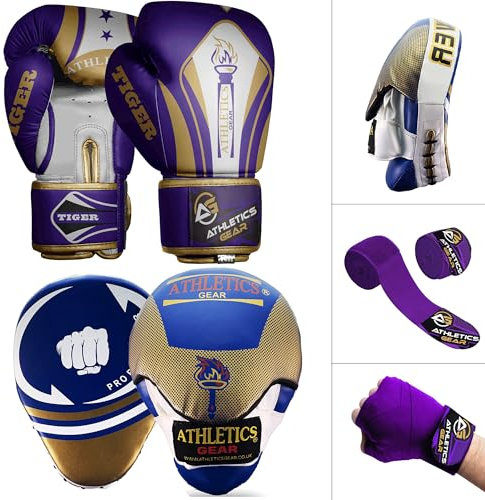 Set di attrezzi sportivi – un paio di guantoni da boxe, cuscinetti da boxe e fasce per le mani (viola, 14 once)