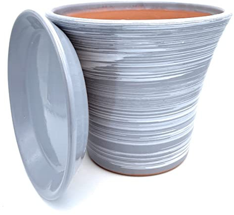 Sun Cakes Nora Pot de fleurs rond en céramique émaillée avec soucoupe en terre cuite avec plateau d'égouttement Gris 33 x 27 cm