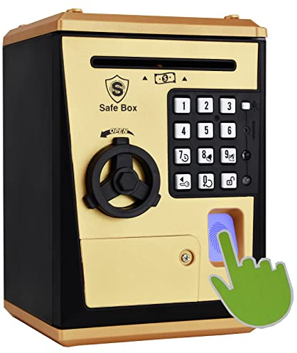 Kids Safe Money Box with Fingerprint & Password – Electronic Piggy Bank with Voice Prompt, Auto Note Intake & Open Record Tracker, Birthday Gift for Boys Girls Ages 6-12 (Golden)