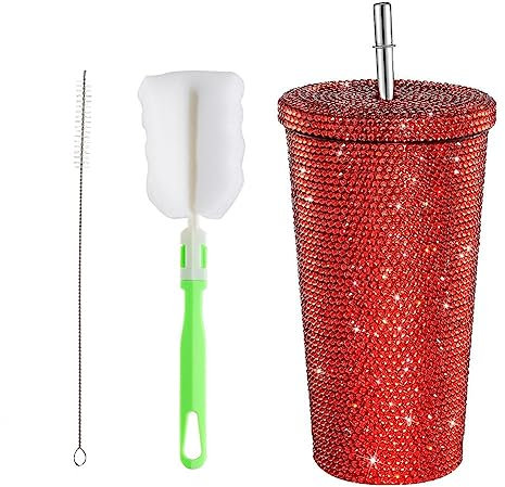 Studded Bling Tumbler with Lid and Straw, Bling Glitter Water Bottle Bling Cup, Rhinestone Tumbler Cups with Cup Brush and Straw Brushes, Coffee Mug Gift for Women Girls