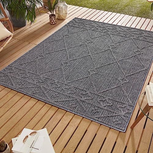 SIMPEX Outdoor Teppich, Berber Design, Grau, 200 x 290 cm, Boho-Stil, für Küche, Balkon, Terrasse, Garten, Picknick