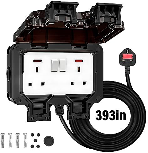 FOVNOT Outdoor Socket Waterproof Double Socket, Outdoor Plug Sockets Waterproof with 10M Extension Lead Double Outside Socket 13A IP66 Wall Electrical Outlet Waterproof Socket Outside Plug Sockets Box