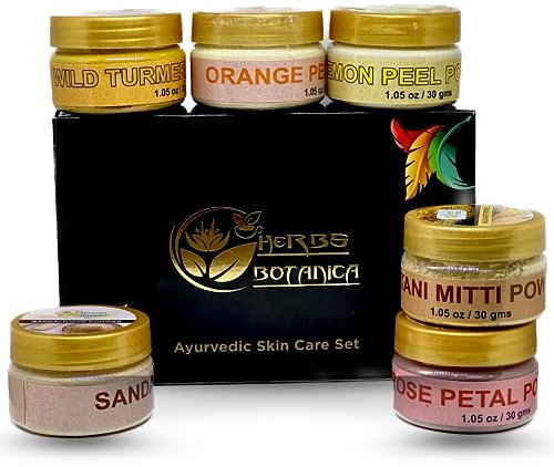 Herbs Botanica Natural Skin Care Sampler | Sandalwood,Orange Peel,Lemon Peel, Rose Petals,Wild Turmeric, Multanni Mitti Powder 1 oz Each Pak