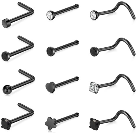 Rajnard Schwarzer Nasenring Studs Schraubensatz Edelstahl 0.6/0.8/1.0mm Nostril 7mm Bar für Frauen Männer Piercing Schmuck 22g / 20g / 18g