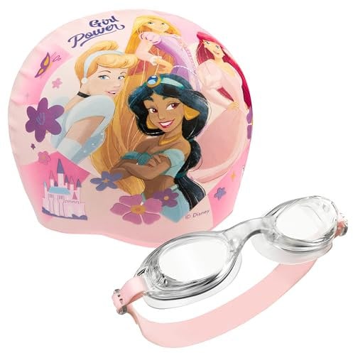 Disney Occhialini da Nuoto per Bambini - Set Occhialini da Piscina Anti-Appannamento e Cuffia Nuoto (Rosa Principesse, 3-6 Anni)