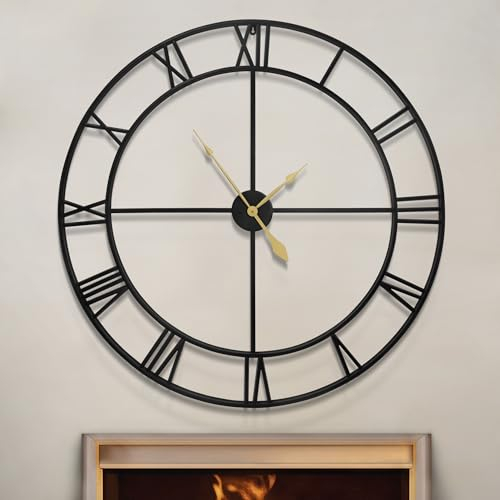 HAITANG 100CM große Wanduhr XXL, übergroß modernes rundes, schwarz Metall geräuschlos, Fast Nicht tickend Batteriebetrieben, römische Ziffern, Uhren für Wohnzimmer, Schlafzimmer Wanduhr Dekoration