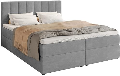 BROMARKT Boxspringbett mit Bettkasten Polsterbett mit Bonell-Matratze und Topper Doppelbett mit Stauraum Bett für Schlafzimmer gepolstertes Kopfteil Denver 160x200 Härtegrad H3 Flachgewebe Hellgrau