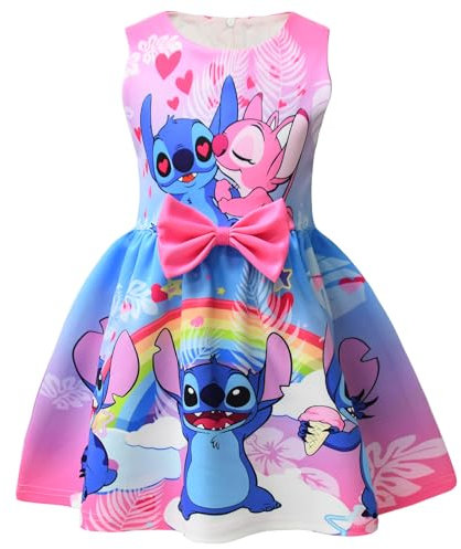 Girls Stitch Casual Dress Summer Toddler Princess Flower Double Bow Tie Wedding Party Kids Sundress Short Dresses (UK, Age, 3 Years, 4 Years, Regular, Pink)