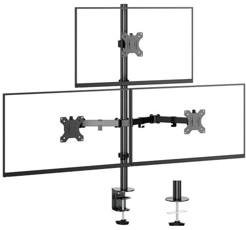 UPGRAVITY Supporto da scrivania per triplo monitor per schermi da 17 a 32, ogni braccio può sostenere fino a 8 kg, supporto per 3 monitor con inclinazione, girevole, girevole, supporto VESA 75/100 x