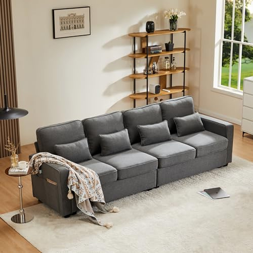 KecDuey Sofa,Modernes 4-Sitzer-Sofa aus Leinenstoff, Viersitzer-Sofa mit Armlehnentaschen und 4 Kissen, Schlafsofa im einfachen Stil, geeignet für Wohnzimmer, Wohnung, Büro (Dunkelgrau)