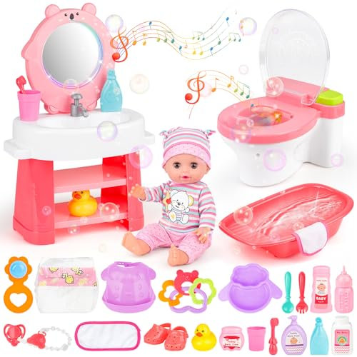 deAO Accesorios para Muñecas Bebé,Están Incluidos Inodoro con Sonido y Luz, Lavabo, Bidé, Artículos De Tocador,Todos Los Accesorios para Cuidar A Un Muñeco Bebé