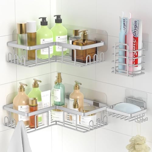 4 Pack Corner Shelf Shower Caddy, Stainless Steel Bathroom Storage, Adhesive Mount, No Drilling Required - Silver Gray