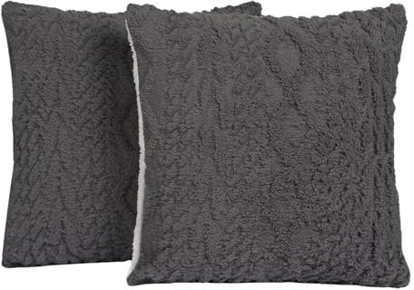 OHS Sofa Cushion Covers, Cable Knit Throw Pillow Covers 45 x 45 Ultra Soft Decorative Square Sofa Cushions for Living Room Bedroom Sherpa Reverse - Set of 2, Grey