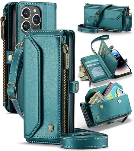 UFinetech for iPhone 14 Pro Case, Crossbody Wallet Phone Case with RFID Blocking Kickstand, Anti-Drop Wireless Charging Card Slots, PU Leather Shoulder Bag Clutch Adjustable Strap, Blue Green