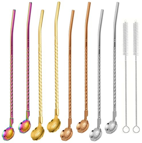 pekifaves 8 piezas de acero inoxidable paja de beber cuchara, 2 en 1 paja y cuchara, cuchara reutilizable pajas cuchara de metal con 2 cepillos de limpieza para batidos, batidos, café, cóctel