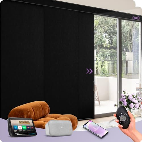 Graywind Smart Sliding Panel Track Blinds Blackout, Rechargeable Room Dividers Compatible with Alexa Google, Electric Rail Track Blinds for Patio Sliding Door, Matt Black