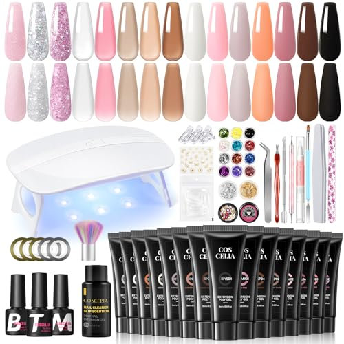 COSCELIA Poly Nagel Starter Set ,15 Farben Poly Extension Gel Nägel Set mit UV Lampe Transparent Weiß Nude Rose Glitzer Nagelset Gelnägel Starterset Nagelverlängerung Kit Base Top Coat Slip Solution
