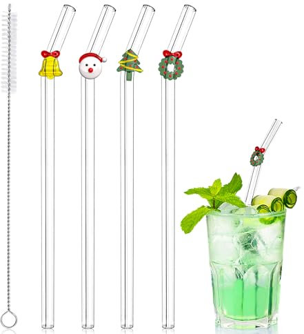 4Pcs Glass Straws with Charms, Reusable Clear Drinking Straws with Christmas Decor, Cute Colorful Christmas Glass Straws Shatter Resistant with Cleaning Brush