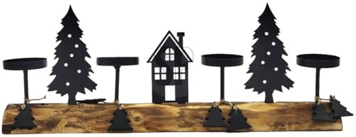 ZauberDeko Teelichthalter Weihnachtsszene Holz Metall Schwarz Länglich Adventsgesteck Baum Haus 40cm Lang