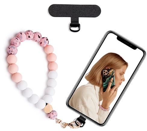 Lostars Silikonperlen-Handykette Kurz, Handyanhänger mit Handy Lanyard Pads, Elastische Handy Kette für freihändigen Gebrauch, für die Meisten Smartphones (Rosa)
