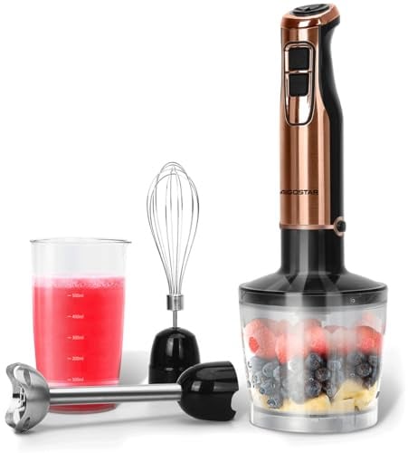 Aigostar Buckle - Frullatore a immersione 4 in 1 da 1000 W Colore Gold. Mixer subacqueo con 6 velocità + Turbo. Mixer multifunzione con tritacarne da 500 ml, misurino da 600 ml e frusta, senza BPA
