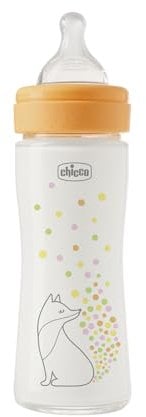 Chicco Biberón Perfect Easy de flujo lento, con tetina Physio de silicona suave y acabado Soft Sense, anticólicos, reduce la regurgitación y la irritabilidad, biberón de vidrio de 240 ml, 0m+, niña