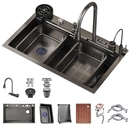 75x45cm Fregadero Cocina Cascada, Inoxidable Gran Fregadero Sobre Encimera, 1 Seno Gran Fregadero, Con Grifo Multifuncional Y Varios Accesorios