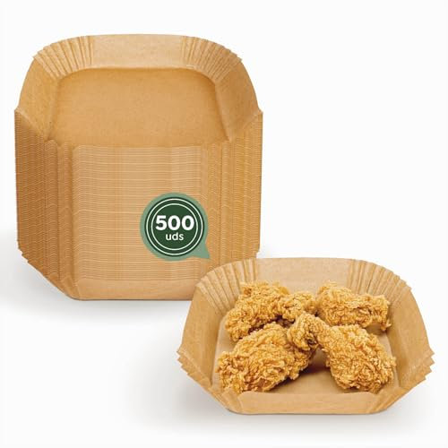 MAXI PRODUCTS - 500 Moldes Airflyer Papel Siliconado Cuadrado - 20 x 20 x 4,5 cm (3,5-5 L) - Recipiente Airfryer - Papel Freidora de Aire - Complementos Airfryer - ANTIADHERENTE Y IMPERMEABLE
