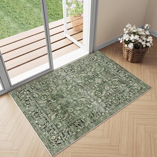 HUGEAR Vintage Door Mat Green Small Area Rug 60x90cm Non Slip Washable Rugs Lounge Doormat Bedside Office Outdoor Bedroom Kitchen Indoor Carpet Low Pile Carpets