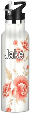 Botella de agua personalizada para niños, botella de agua aislada para niños y niñas, sin BPA, flores a rayas