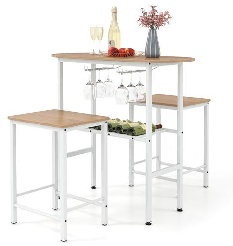 COSTWAY Bartisch mit Barhocker Set, 2 Personen Bartisch Set mit Halterungen für Weingläser und Flaschen, Küchentheke Hausbar für Wohnzimmer, Esszimmer und Küche (Weiß)