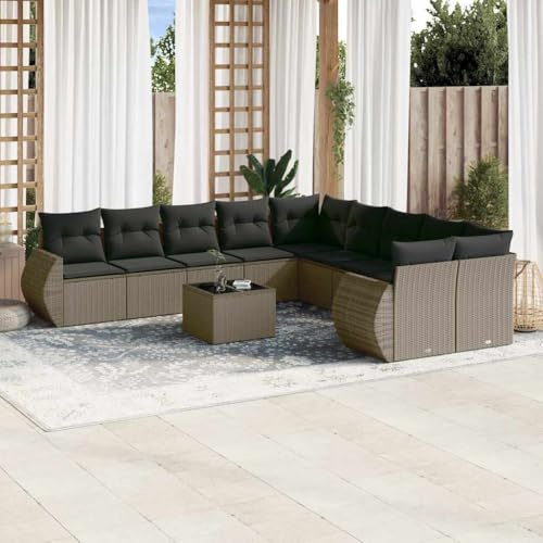 QZZCED 11-TLG. Garten-Sofagarnitur mit Kissen Hellgrau Poly Rattan Sitzgruppe für den Garten Lounge Set für Gärten