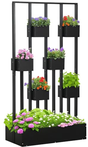 Outsunny Hochbeet mit Rankgitter Körbe Holz 90 x 45 x 170 cm Schwarz | Pflanzkübel, Pflanzkasten, Blumenkasten, für Garten Balkon Terrasse, Blumenkübel für Kletterpflanzen Korbpflanzen, Blumen
