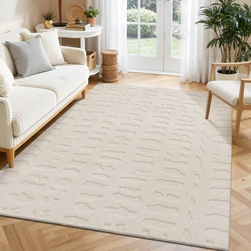 SHACOS Waschbarer Teppich Wohnzimmer Kurzflor 120 x 160cm, Weicher Teppich Modern Wohnzimmerteppich Geometrie, rutschfeste Teppiche für Schlafzimmer, Esszimmer, Beige, 3D Kieselstein Muster