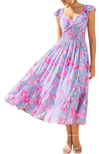 GRACE KARIN A-Linien Blumen Kleider Damen mit Tasche Sommerkleid Leicht | Chiffon Kleid·Blumen Maxikleid·Kleid Hochzeitsgast Damen Elegant Festliche| Rüschenärmel·V-Ausschnitt·Gefüttert·Taschen