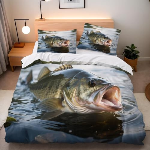 Schwarzer Barsch Bettwäsche 135x200 cm Kinder Bettwäsche-Set 3D Meerestiere Bettbezüge Weiche Kuschelig Mikrofaser Bettbezug mit Reißverschluss und 2 Kissenbezüge 80x80 cm y.511
