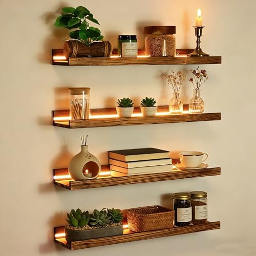 4 Stück Wandregal Floating mit LED Lichterkette, Regale Holzfarbe Wand 40cm Floating Shelf Regal Wand Schweberegal Holz Board Regalbrett Hängeregal Bilderleiste Holz für Wohnzimmer Schlafzimmer Küche