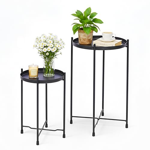 DIVCHI Plant Stands, Round Black Side Tables, Set of 2 | Removable Tray, Modern Metal, Bedside Tables, Living Room Bedroom Home Decor